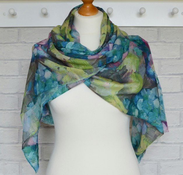 Antonia York Abstract Floral Scarf | Clara Brush Stroke Watercolour Blue Green Turquoise Wrap