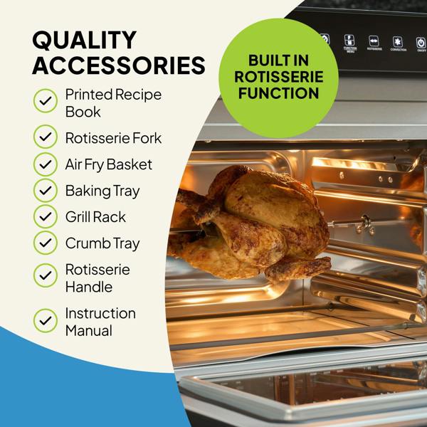 The Fridja f77 Super Oven Pro - 30L Digital Air Fryer Oven is shown roasting a whole chicken, with accessories like a recipe book, rotisserie fork, air fry basket, baking tray, grill rack, crumb tray, handle and manual—all in PFAS-free packaging.