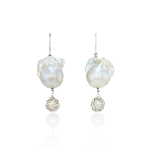 Aelita Jewellery Large Baroque Pearl Dangle Earrings With Signature Hand Crochet Fine Silver Drop