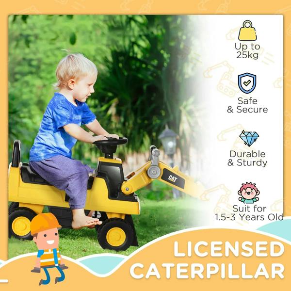 Yellow CAT licensed ride-on excavator toy with seat and black digging bucket