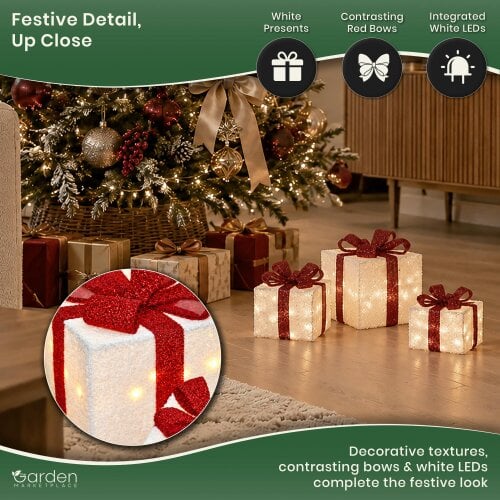 Light Up Christmas Parcels - Set of 3, White and Red with 35 White LEDs