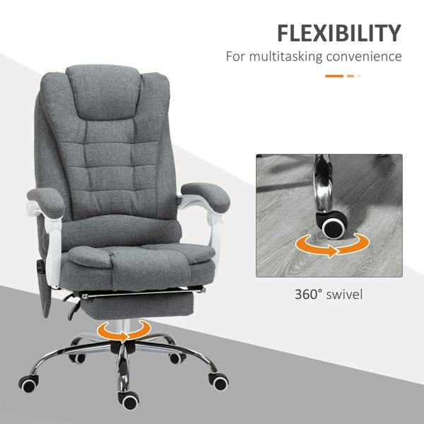 Grey ergonomic office chair with high back and rounded armrests on 360-degree swivel base