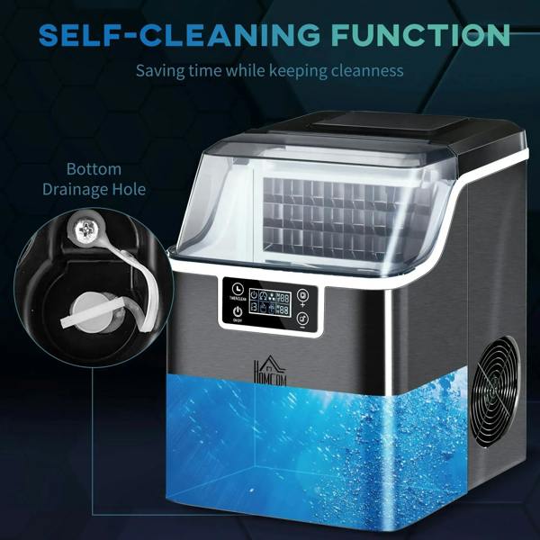Black ice machine with self-cleaning view, including drainage hole and ice bin