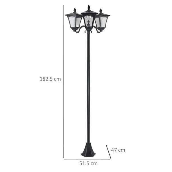 Black Victorian solar post lantern with pole and dimension markers