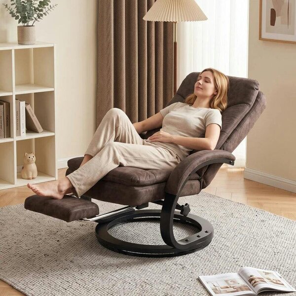 Swivel Recliner Chair, Velvet Recliner Armchair with Retractable Footrest, Dual-Layer Cushion, High Back, Dark Brown