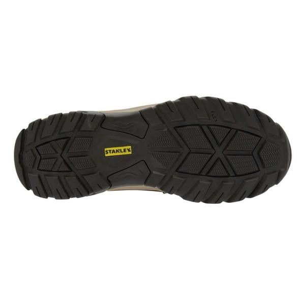 Stanley Tradesman Mens Steel Toe/Midsole Safety Work Boots, rugged black outsole with traction patterns and yellow Stanley logo in the center.