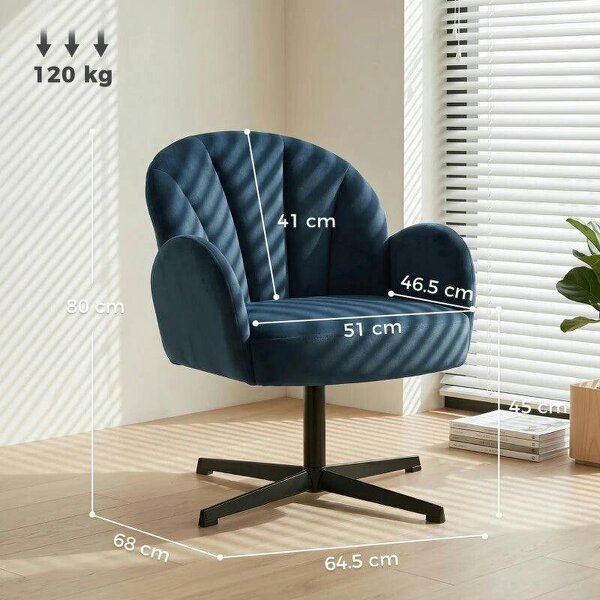Swivel Accent Chair, Shell-Shaped Armchair with Spring Cushion, Metal Base, Dark Blue