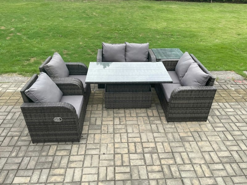 Fimous Rattan Furniture Outdoor Garden Dining Set Patio Height Adjustable Rising lifting Table Love Sofa Chair With Side Table
