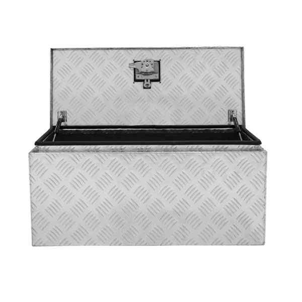 Large 70L aluminum tool box with a diamond plate texture, featuring a secure latch and spacious interior for tools and equipment