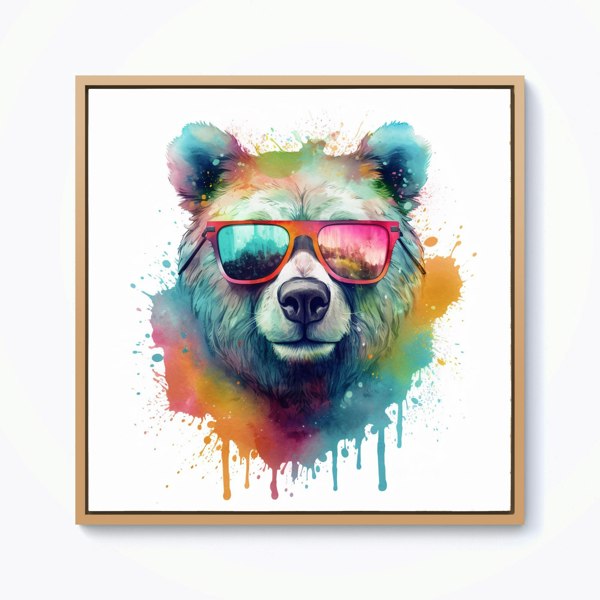 Warren Reed Splash Art Colourful Bear In Glasses Framed Canvas