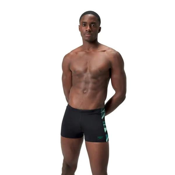 Black and green striped Speedo Hyperboom Panel Aquashort swim trunks