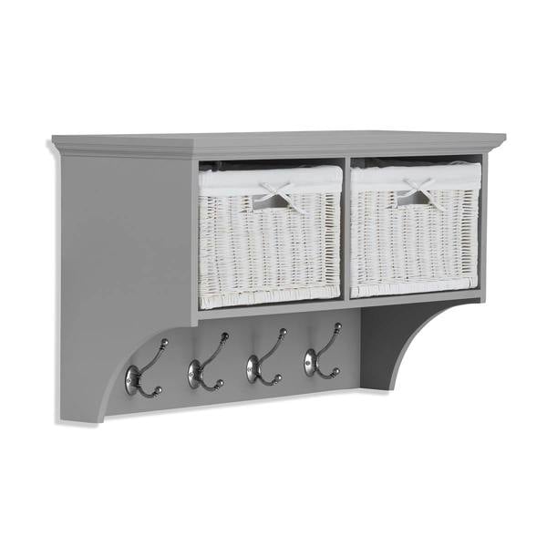 Statement Furniture Tetbury Hanging Shelf with 2 White Wicker Baskets. Wallmounted Coat Rack Assembled