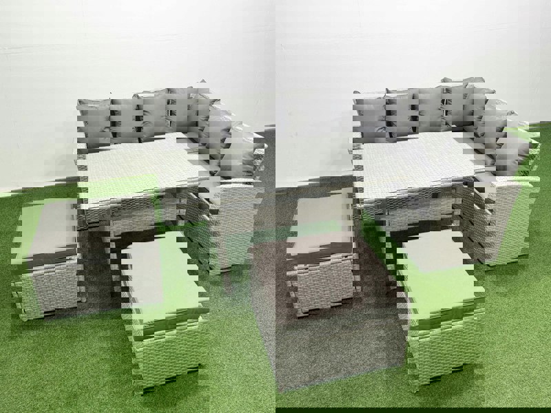 Fimous Rattan Garden Furniture Set Outdoor 8 Seater Patio Dining Corner Sofa Sets with Dining Table 2 Big Footstools Light Grey Mixed