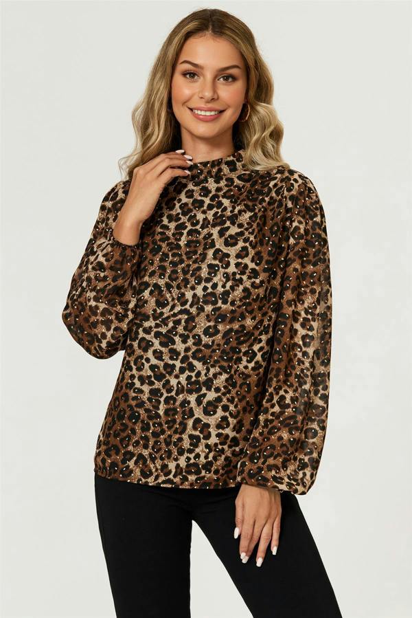 FS Collection Leopard Print Foil Long Sleeve High Neck Top In Brown