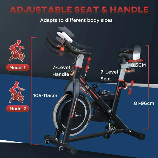 Black indoor cycling bike with adjustable seat height and handlebar
