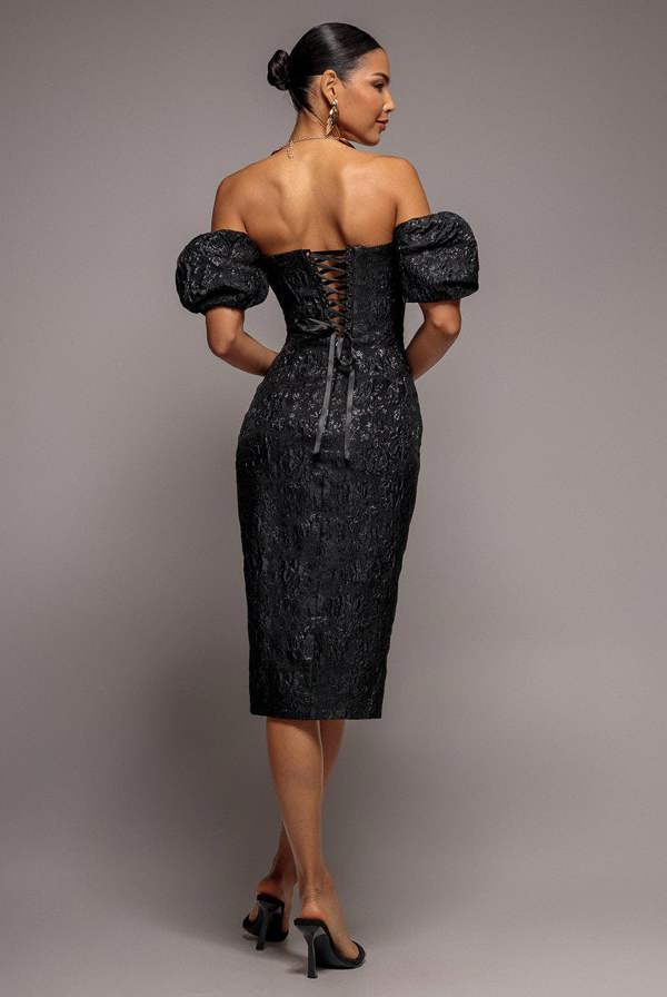 Puff Sleeve Sweetheart Midi Dress - Black DR4883