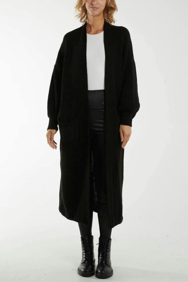 Hoxton Gal Oversized Long Sleeves Midi Knitted Cardigan with Pocket Details in Black