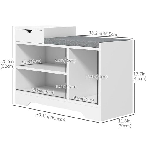 Wyld Haus Norata Wooden White Multi Compartment Shoe Bench With Grey Cushioned Seat