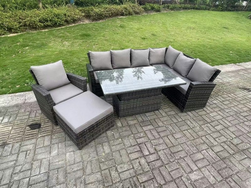 Fimous 8 Seater?Outdoor High Back Rattan Adjustable Rising Lifting Dining Table Corner Sofa Set Garden Furniture Set Dark Grey Mixed Right Hand