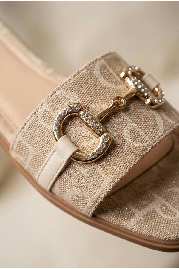 Bella Womens Rhinestone Horsebit Slide Sandals - Gold