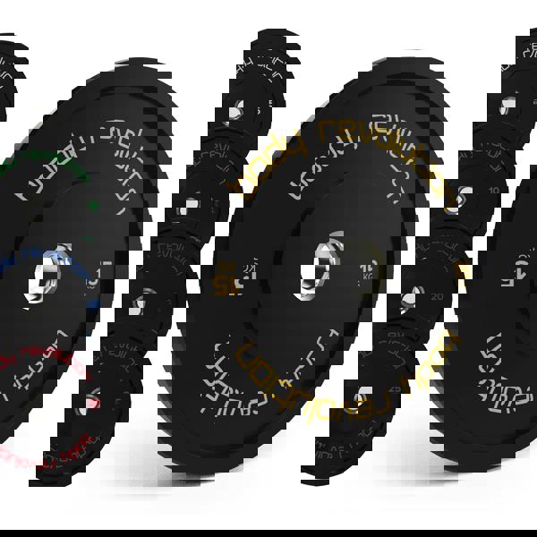 Body Revolution Olympic black bumper plate bundle featuring 15kg, 25kg, and 10kg weights with vibrant color coding and durable rubber material