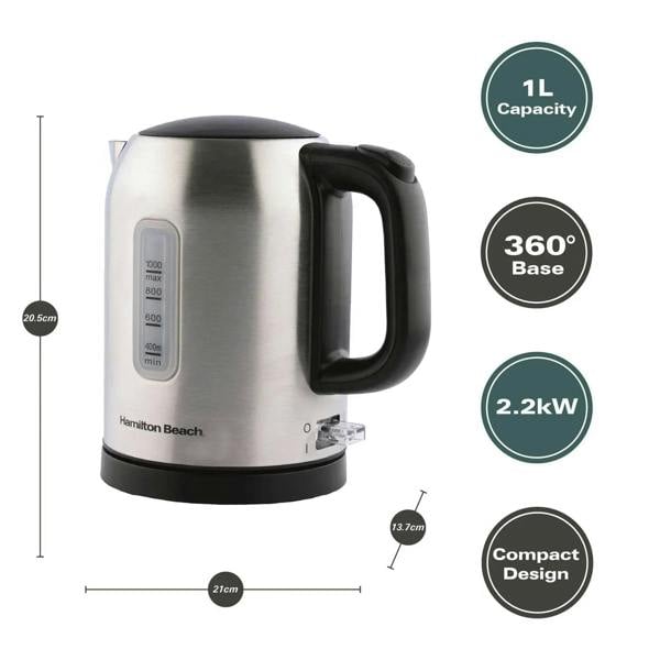 Hamilton Beach Compact 1L Kettle & Rise 2 Slice Toaster Set - Stainless Steel - Hamilton Beach UK