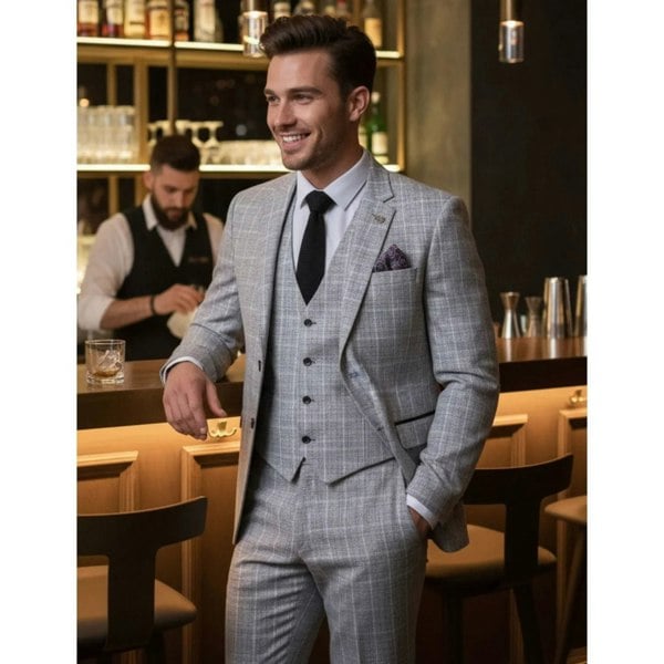 TruClothing IM11 - Men's Grey 3 Piece Tailored Fit Check Suit