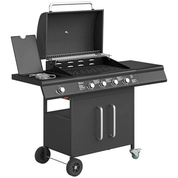 Bobobiy 4+1 Burner Gas BBQ Grill with Storage Cabinet, 15.2 kW Gas Barbecue Trolley with Side Table, 4 Wheels, Warming Rack