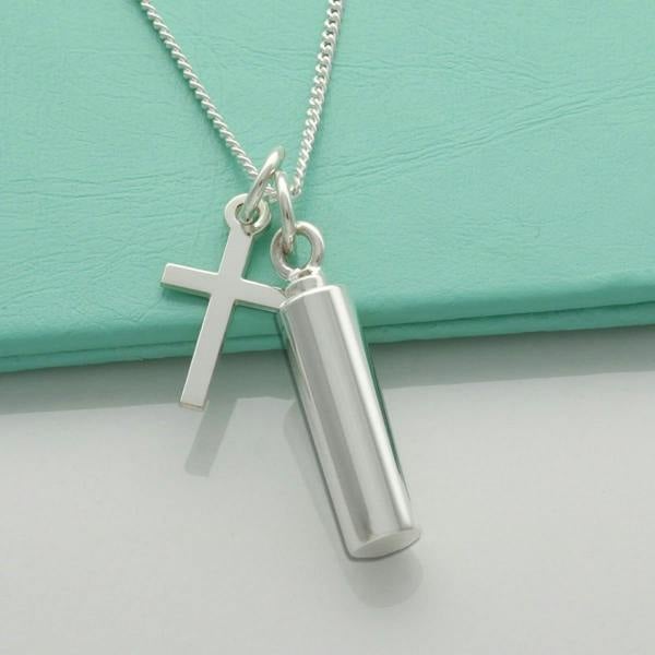Christopher James of London Sterling Silver Small Cylindrical Urn Cremation Ashes Pendant and Cross With Optional Engraving & Chain
