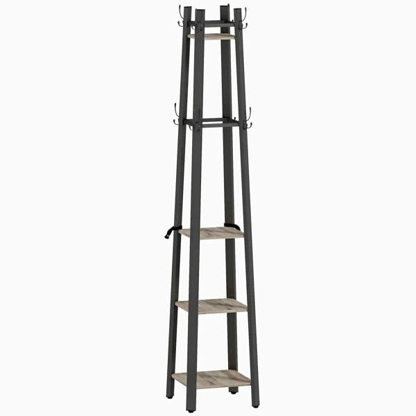 Industrial four-tier coat stand, grey and black metal with hooks and shelves
