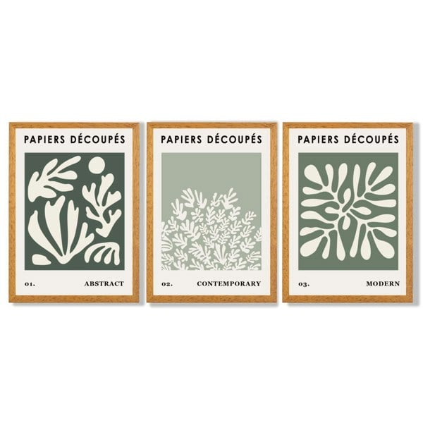 Matisse Floral Set of 3 in Green and Sage Framed Art Prints with Oak Wooden Frames