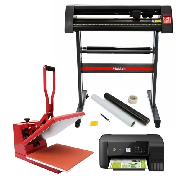 PixMax 38cm clam heat press in red, vinyl cutter, printer, and weeding tools, ideal for crafting and heat transfer projects