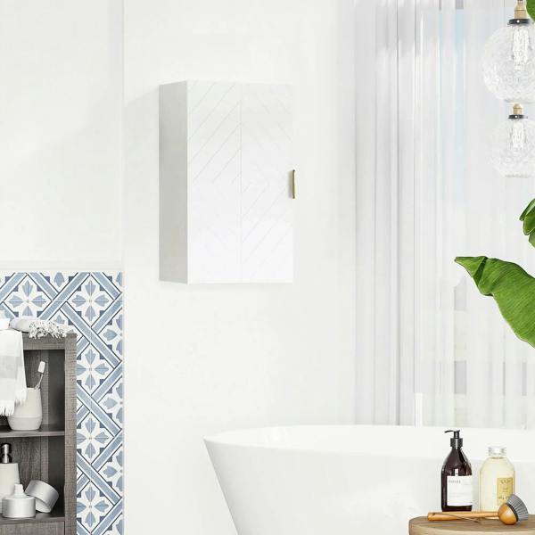 White bathroom wall cabinet mounted on wall with square geometric door panel and gold handle.