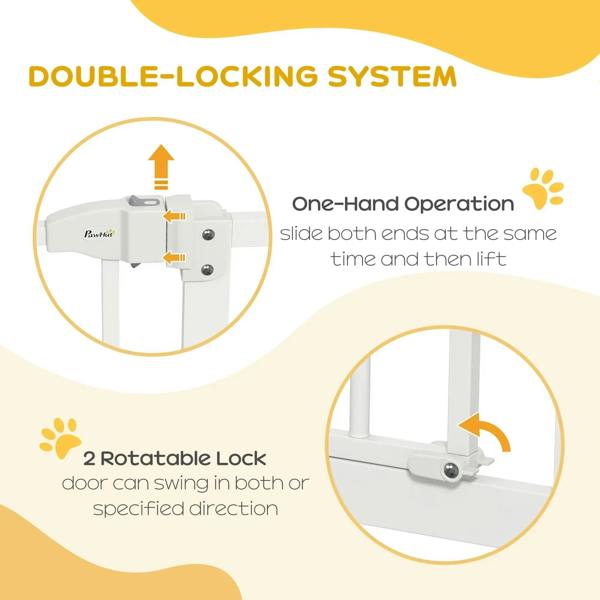 White gate locking mechanism close-up, showing one-hand and double-lock design
