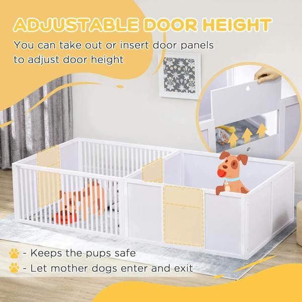 White two-room dog playpen with slatted gate sections and open door panel