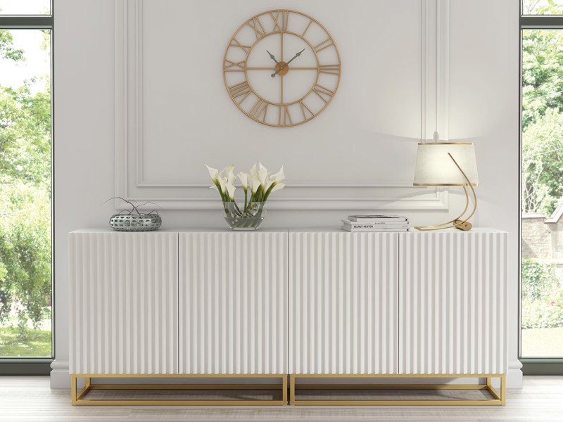 Mex Furniture Sophisticated White Sideboard with Fluted Fronts & Gold Legs – 200cm Storage Unit