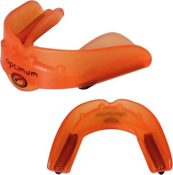 Orange Optimum Matrix mouthguard, two views showing side and top-down U-shape, black logo, on white - Optimum