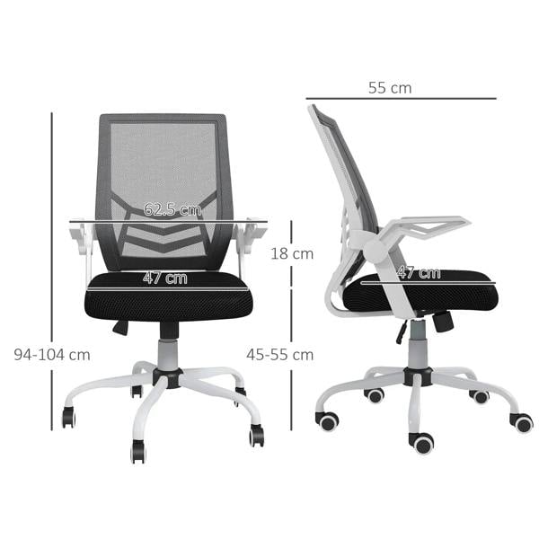 Black mesh office chair with padded seat, flip-up armrests, and white swivel base