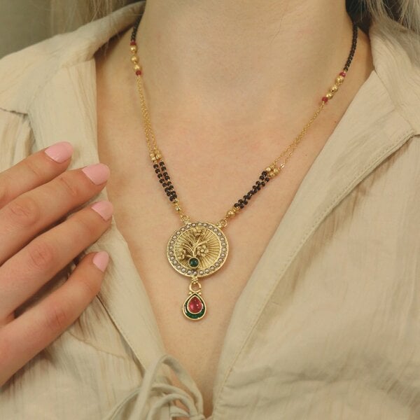 The Colourful Aura Indian Ethnic Gold Round Peacock Pearl Ruby Emerald Mangalsutra Pendant Necklace
