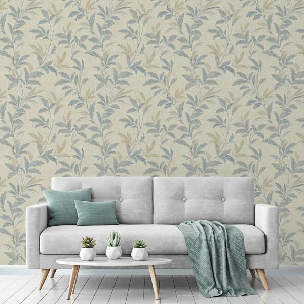Grandeco Organic Leaf Trail Linen Textured Wallpaper, Neutral & Blue
