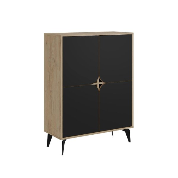 Decortie Modern Spark Cabinet 4-Doors Storage Engineered Wood Display Unit with Black Metal Legs 90(W)cm Oak