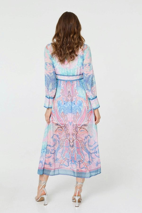 Blue | Border Print Layered Empire Midi Dress
