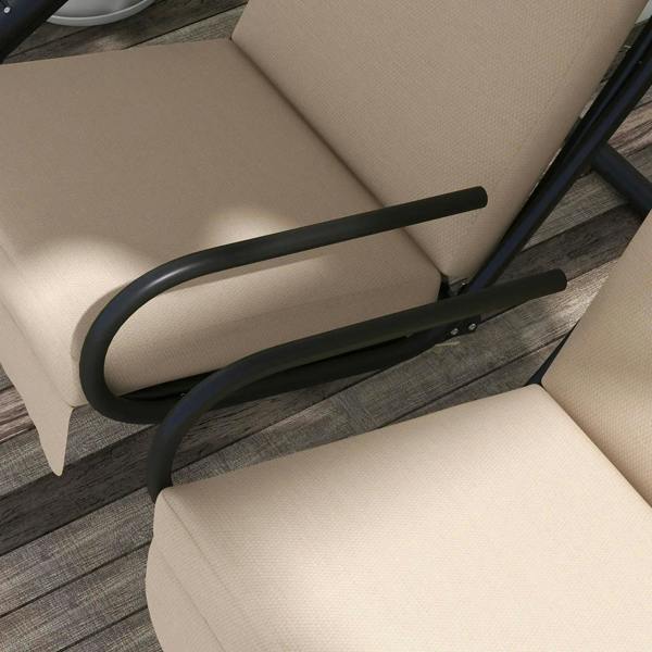 Beige padded seat and back cushions on a black swing chair frame.