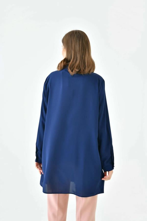Hoxton Gal Oversized Long Sleeve Button Detailed Tunic Top in Navy