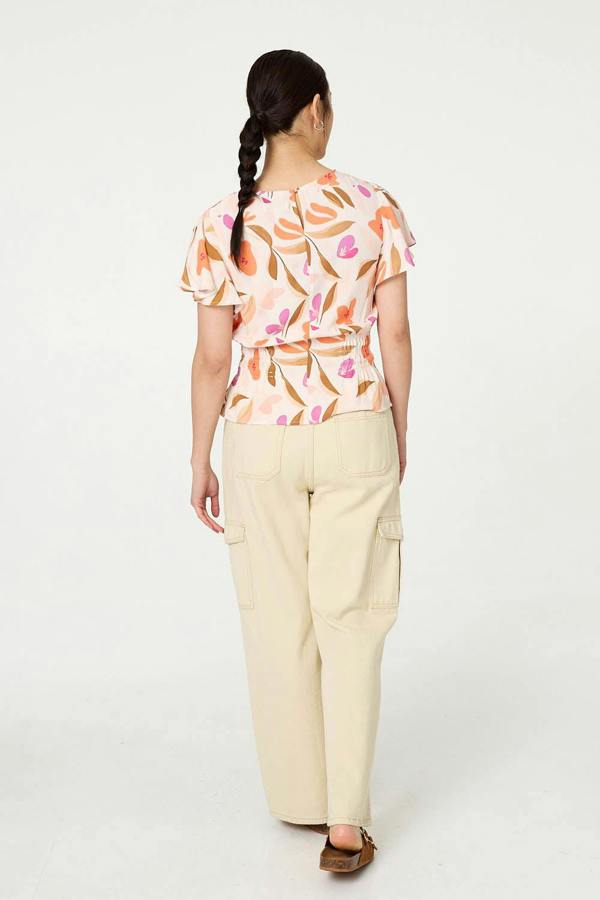 Orange | Abstract Flare Sleeve Peplum Blouse
