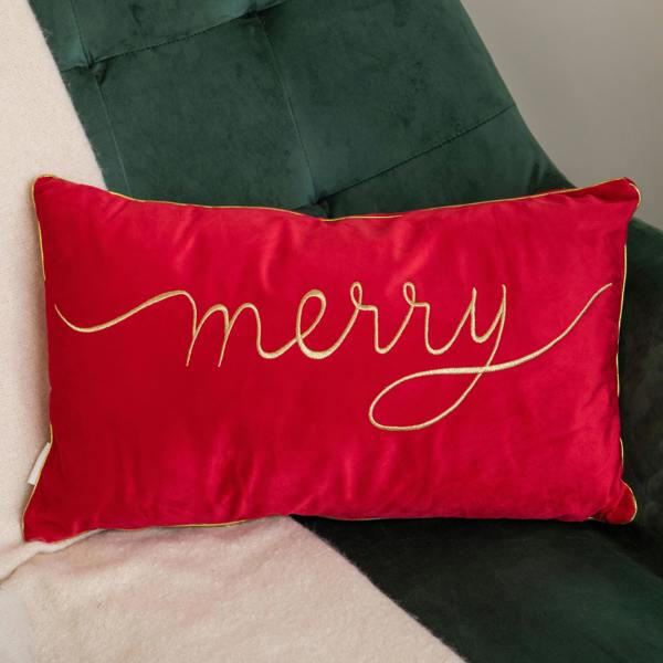 Samuel Alexander 49cm Red Merry Christmas Cushion with Gold Lettering & Trim