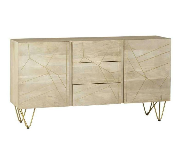Wyld Haus Bali Light Mango Wood Gold Extra Large Sideboard 3 Drawers 2 Doors
