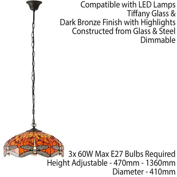 Tiffany Glass Hanging Ceiling Pendant Light Orange Dragonfly 3 Lamp Shade i00112 Loops