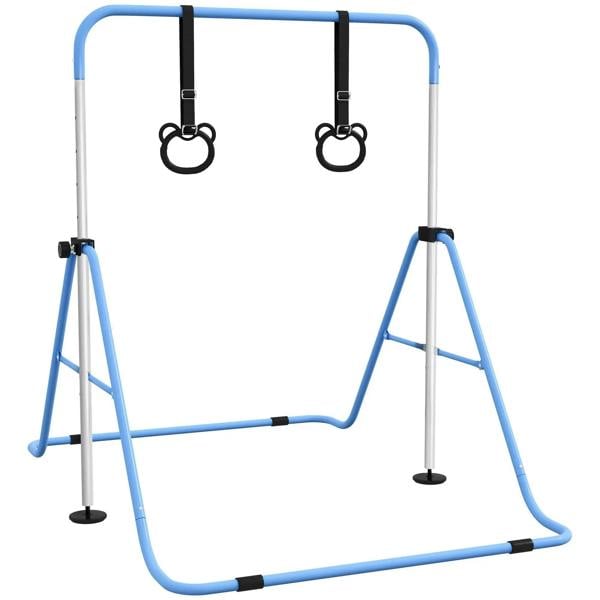 Blue foldable kids gymnastics bar with two non-slip floor rings and U-shaped frame