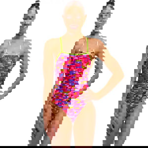 Funkita Wiggle Walls Tie pink one-piece swimsuit with multicolored geometric pattern and neon trim